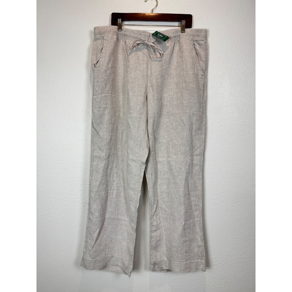 LL Bean Pants Womens 20 Tall Oatmeal Premium Linen Breezy Pull On Straight Leg